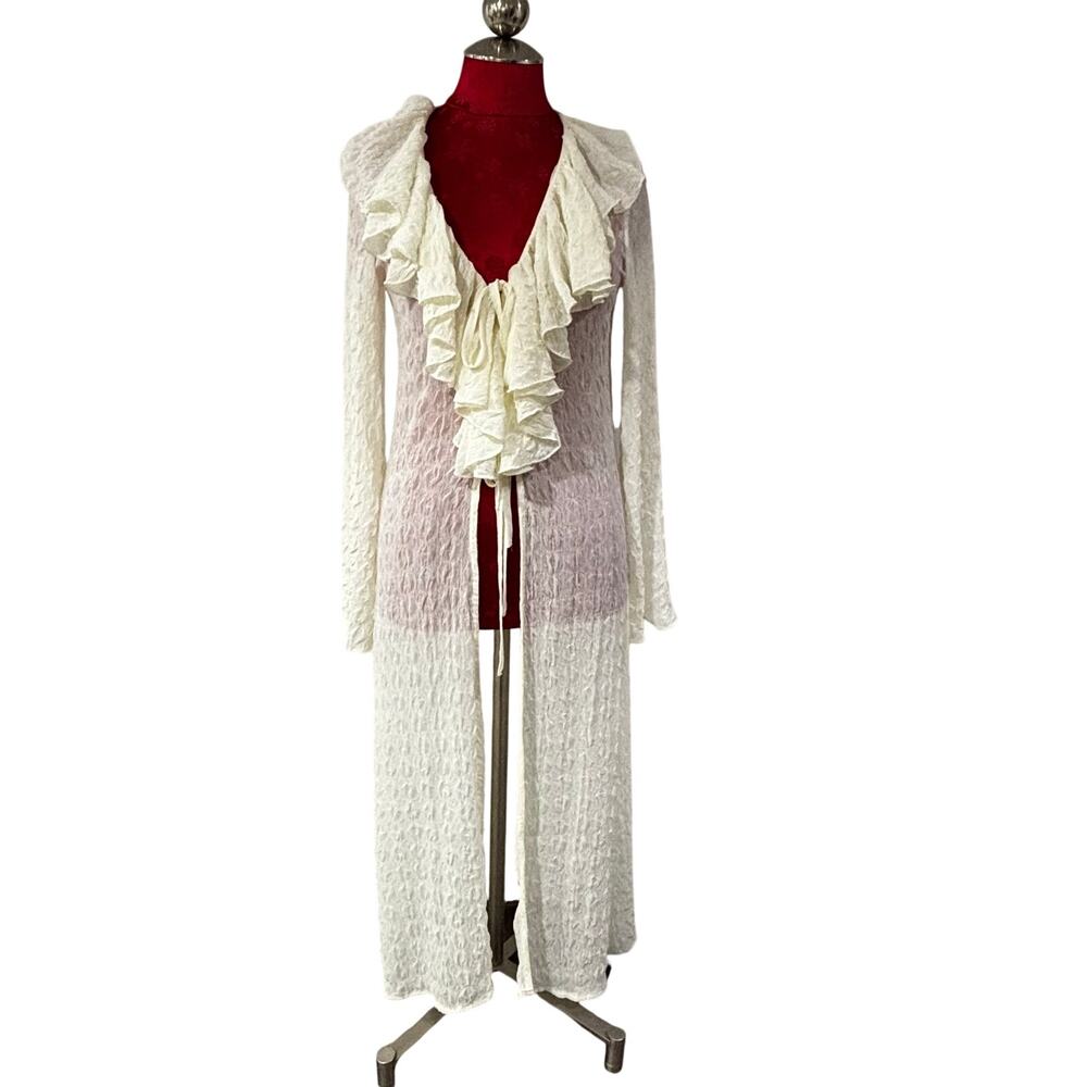 Hesperus creamy white M stretch robe long sleeve ruffled front tie maxi romance